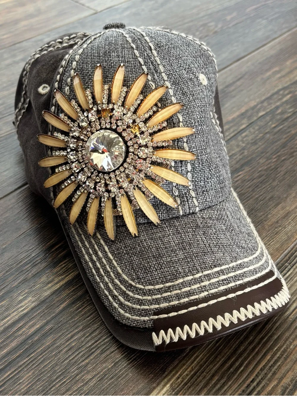 Olive & Pique Rhinestone Flower Baseball Cap Hat Washed Gray Embroidered *Read - Picture 2 of 11